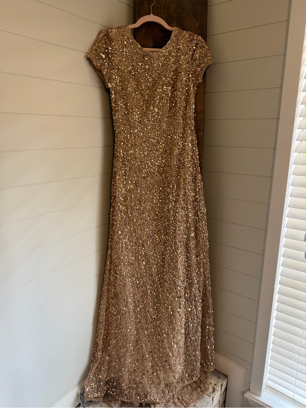 Adrianna Papell Gold Sequin Cap-Sleeve Maxi Gown